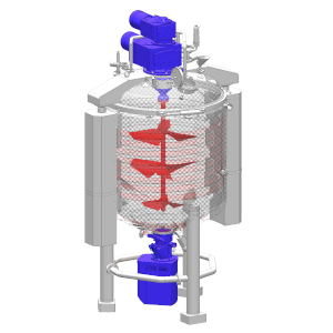 Industrial mixer under vacuum with internal/external homogeneization for liquid and viscous products.